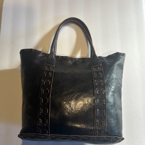 The Sak dark brown 100% Leather Tote Bag with zipper & pockets side stitching - Picture 1 of 11